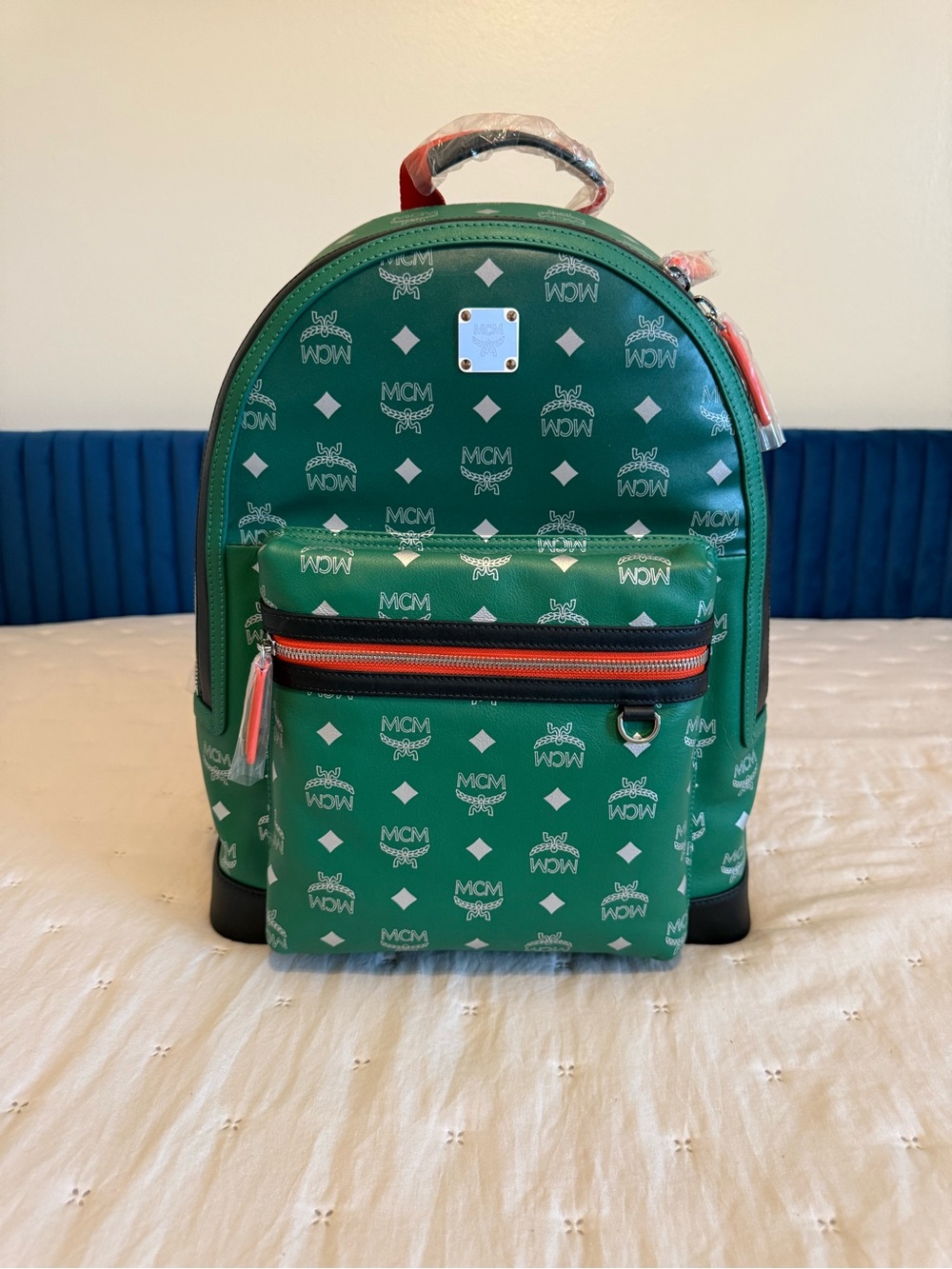 MCM Green Monogram Backpack with Red Accent Zipper